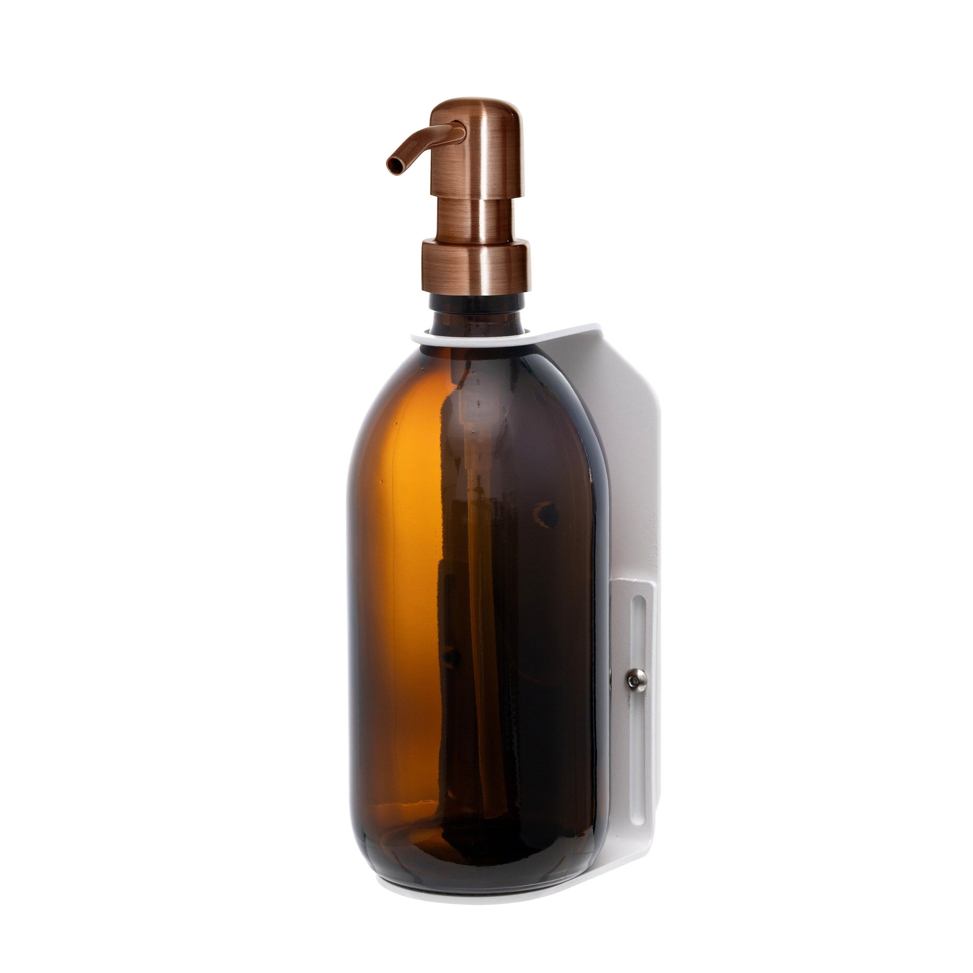 Amber glass bottle with copper pump on a white background
