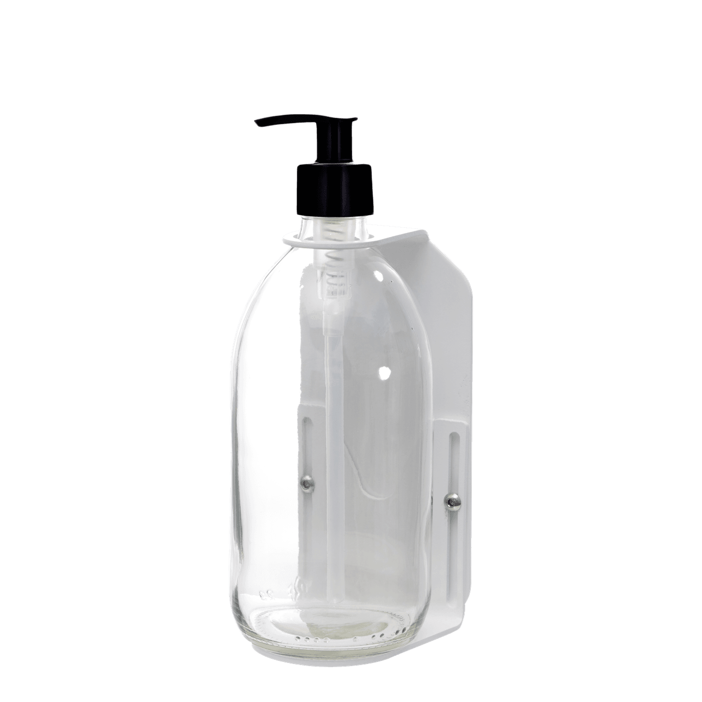Clear plastic bottle with black pump on a dark gray background