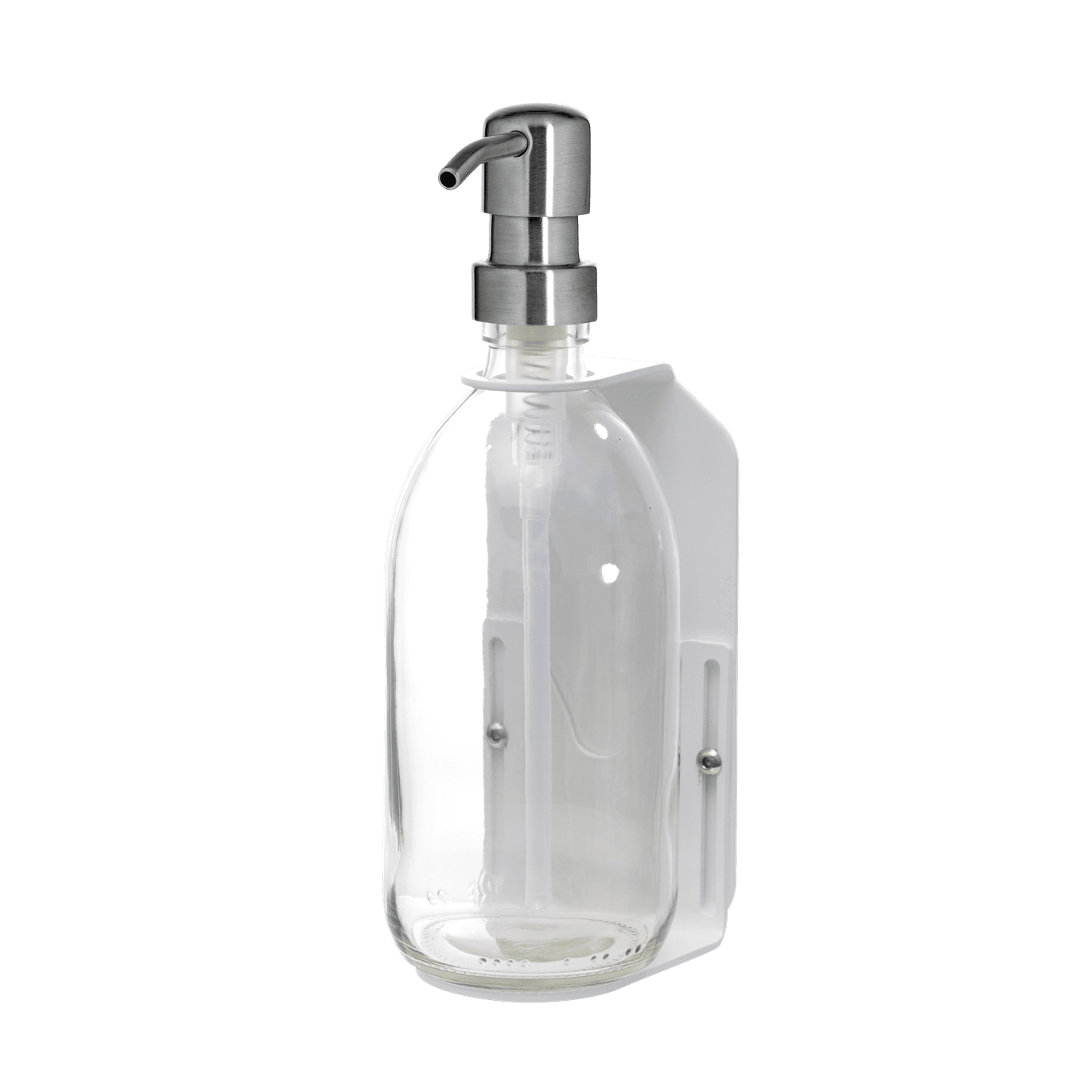 Clear glass bottle with silver pump dispenser on a dark blue background