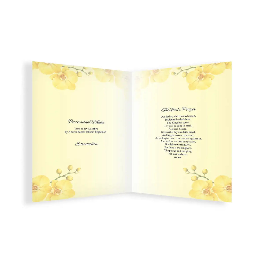 Open order of service with yellow floral design on a white background by MVB STUDIO official store.